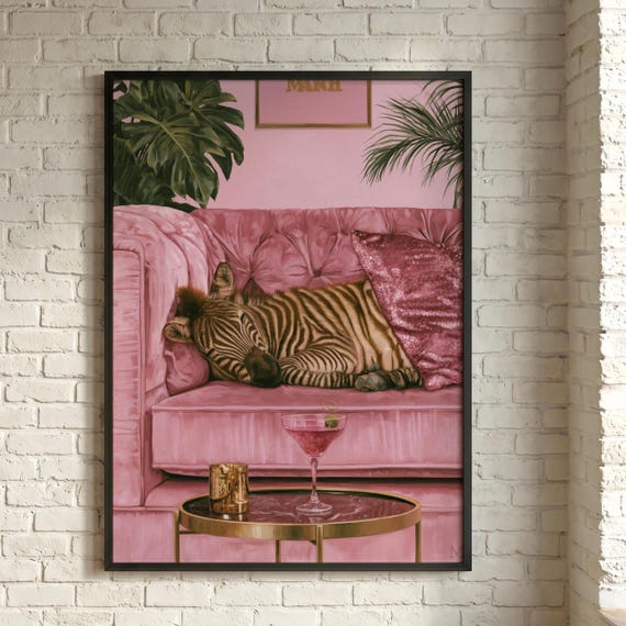 Zebra Sleeping on Pink Sofa with Cocktail Quirky Modern Wall Art Abstract Animal Decor for Living Room
