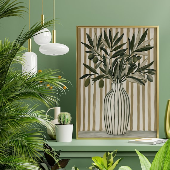 Mediterran Olive Branches Minimalist Calm Tones Living Room Wall Art | Botantical Vase Abstract Vase Decor