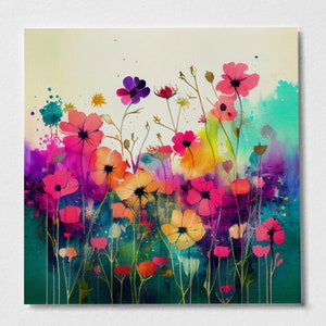 Bunte abstrakte Wildblumen Wiese Malerei Bunte Blumen Kunstdrucke - Wilde Blumen Bild Blumen Wand Kunst Aquarell Gemälde