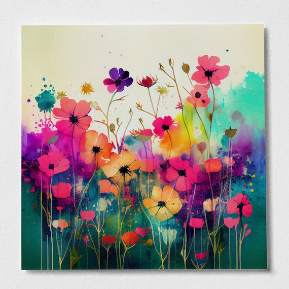 Colourful abstract Wildflower Meadow Painting Colourful Flower Art Prints - Wild flower picture Floral Wall Art Watercolour Painting