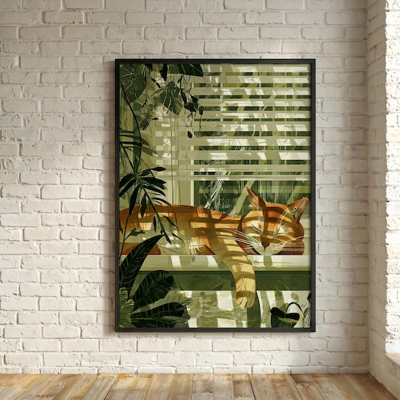 Ginger Tabby Cat Green Impressionist Living Room Art | Warm Sunbeams Sleeping Pussy Cat