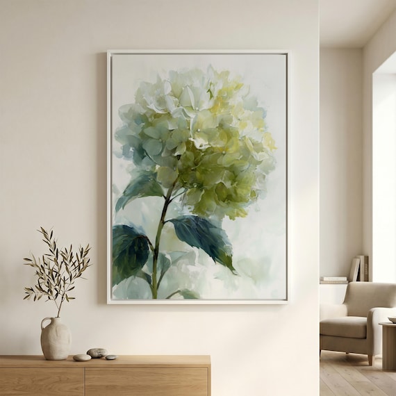 Hydrangea Green Impressionist Wall Art | Abstract Flowers Bedroom Decor