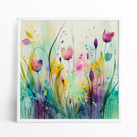 Abstract Wildflower Meadow Painting, Vibrant Botanical Wall Art, Modern Floral Art
