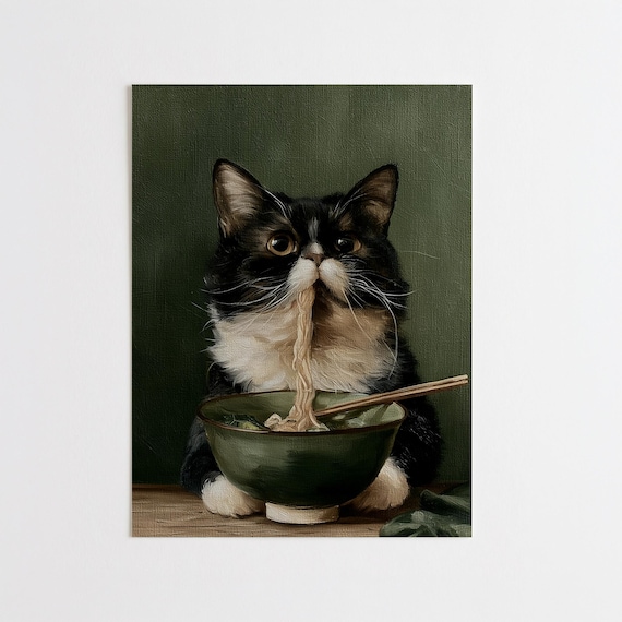 Cat Eating Ramen Noodle Soup Modern Surreal Art | Playful Kitchen Wall Art and Home Decor