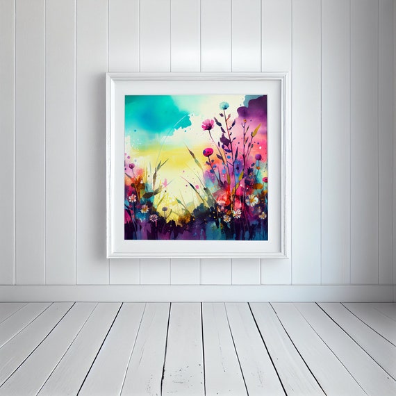 Abstract Wildflower Meadow Painting, Colourful Botanical Art Prints, Abstract Mixed Media flower Art, Extra Large Painting, Wall Art