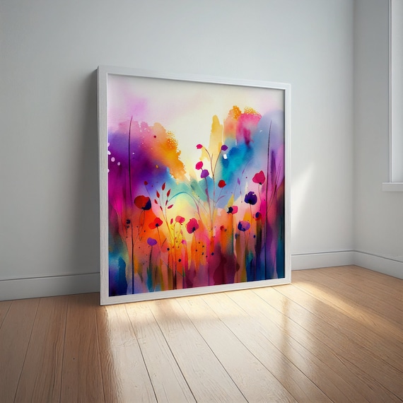 Abstract Rainbow Wildflower Meadow Painting, Colourful Botanical Art Prints, Abstract Mixed Media flower Art, Extra Large Painting, Wall Art