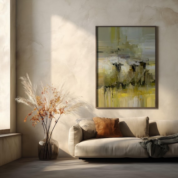 Row Sheep In Field Abstract Green Tones Living Room Wall Art | Modern Home Decor