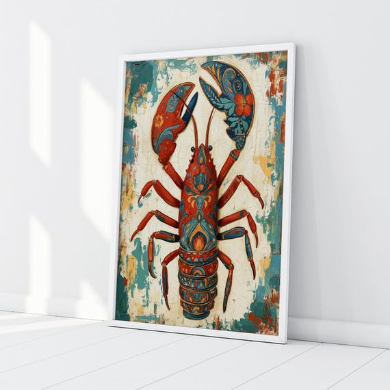 Rustic Lobster Art with Red and Blue Accents | Coastal Abstract Kitchen Wall Art | Vintage Style Home Decor