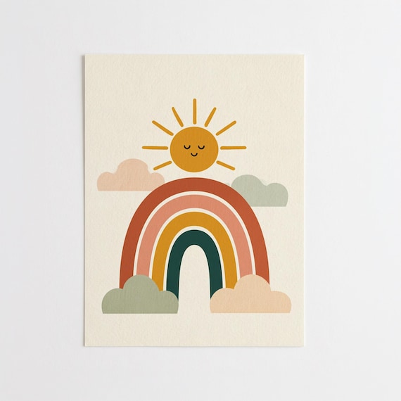 Boho Rainbow Sun Print, Smiling Sun Rainbow, Mid Century Nursery Wall Art, Scandi Kids Room Decor, Neutral Rainbow Art