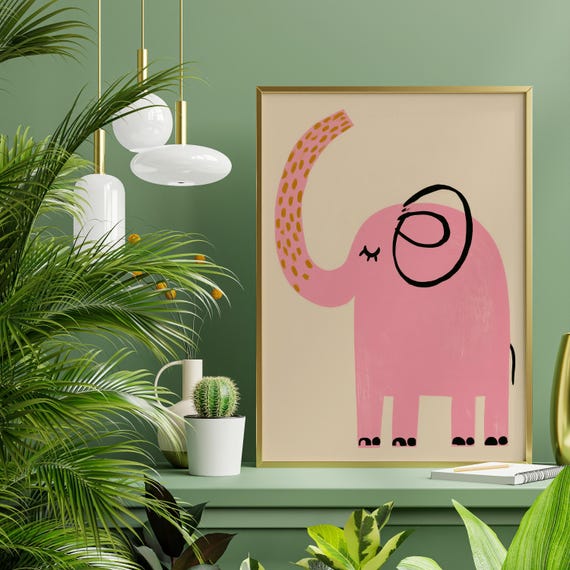 Cute Pink Elephant Minimalist Nursery Wall Art | Fun Animal Print for Kids Room