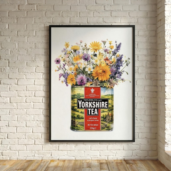 Yorkshire Tea Flowers Quirky Pop Art Kitchen Decor Country Farmhouse Living Room British Humour Wall Art