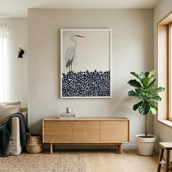 Heron Minimalist Blue Art for Living Room | Modern Bird Print Home Decor