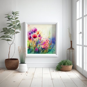 Dipinto ad acquerello di tulipani, fiori primaverili, fiori di campo astratti e prato di tulipani, stampe artistiche botaniche colorate e vivaci, arte floreale astratta