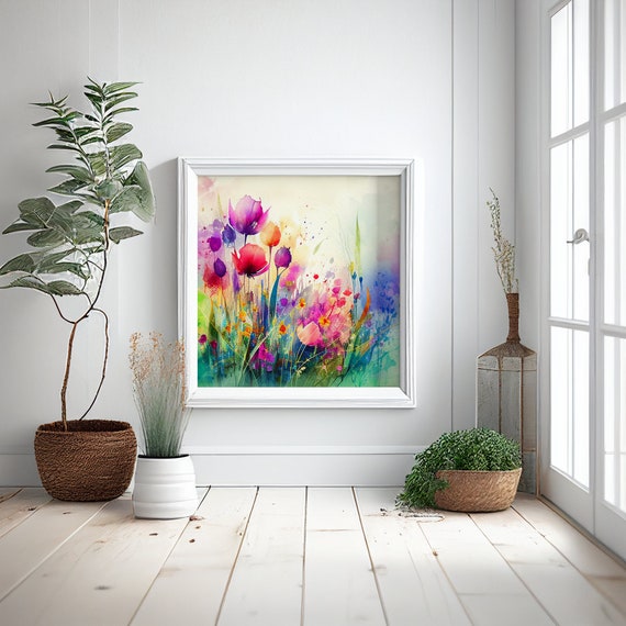Tulip watercolour Painting, spring flowers Abstract Wildflower & Tulip Meadow Colourful Vibrant Botanical Art Prints, Abstract flower Art