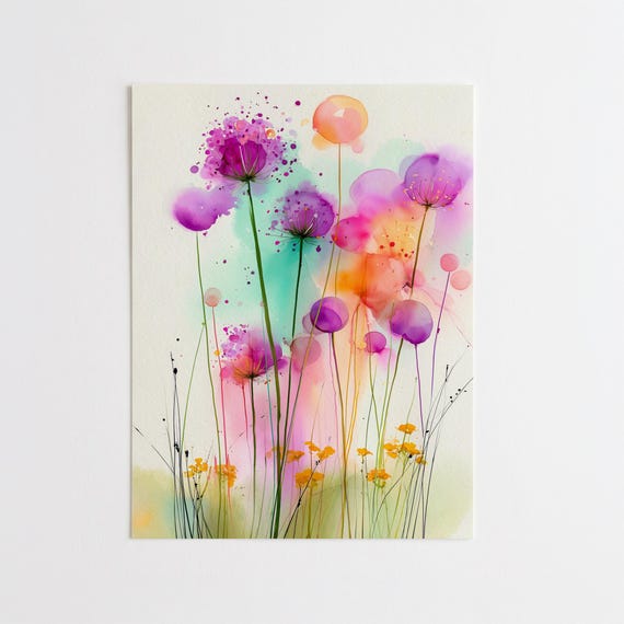 Purple Allium Print, Allium Bubble Meadow, Abstract Watercolour Wildflower Wall Art, Colourful Floral Meadow Painting, Flower Lover Gift