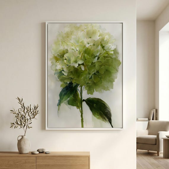 Hydrangea Green Impressionist Flower Art | Minimalist Bedroom Decor | Elegant Living Room Wall Art