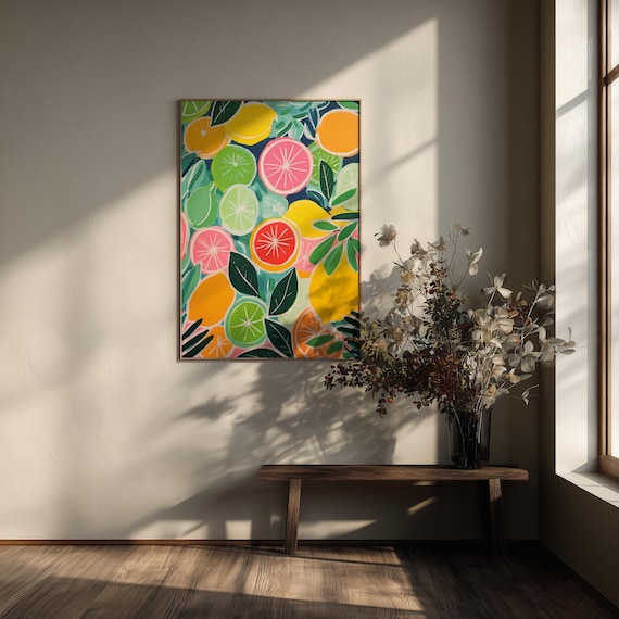 Vibrant Citrus Abstract Colourful Kitchen Art Mediterranean Lemons Limes Grapefruit Wall Art | Modern Home Decor