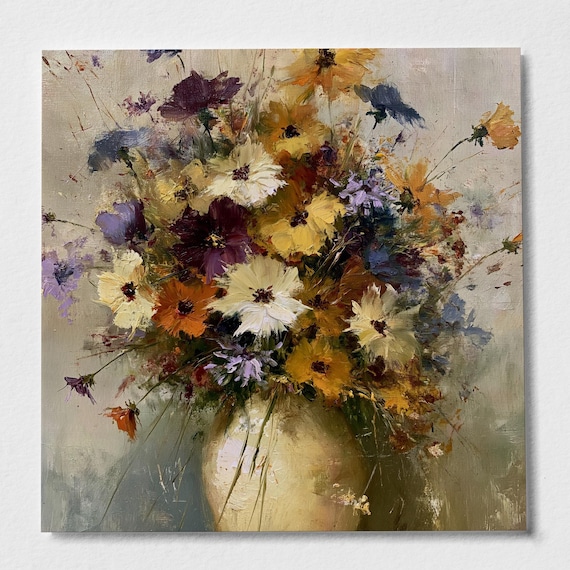 Wildflowers Impressionist Yellow Pastel Living Room Wall Art | Vintage Style Home Decor