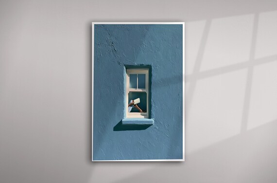 Woman Reading Window Modern Blue Tones Portrait | Unique Living Room Art