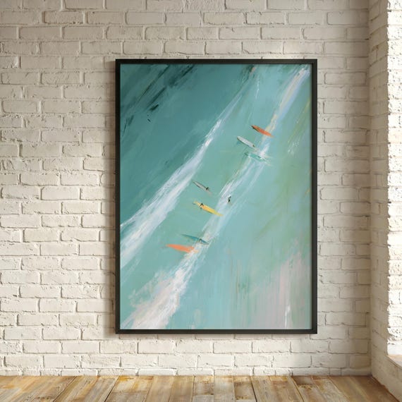 Longboarders Abstract Print Surfers in Sea  Living Room Wall Art | Modern Coastal Home Decor