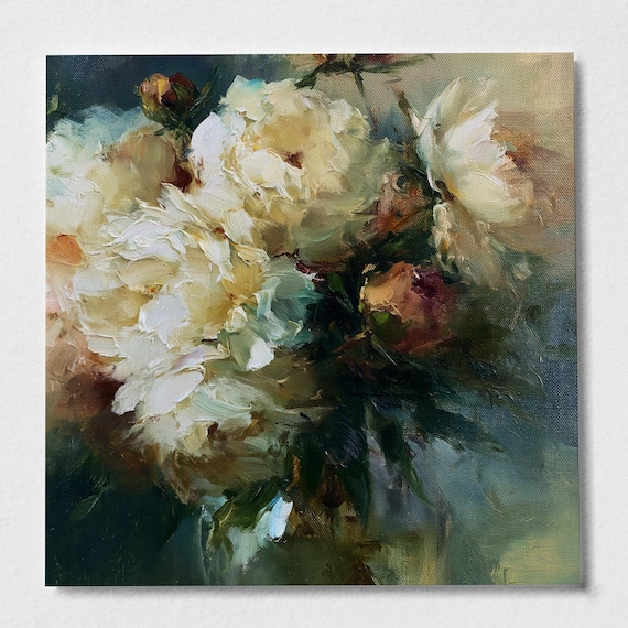 Peonies in a vase Impressionist Warm Tones Bedroom Decor Wall Art | Elegant Flowers Home Decor
