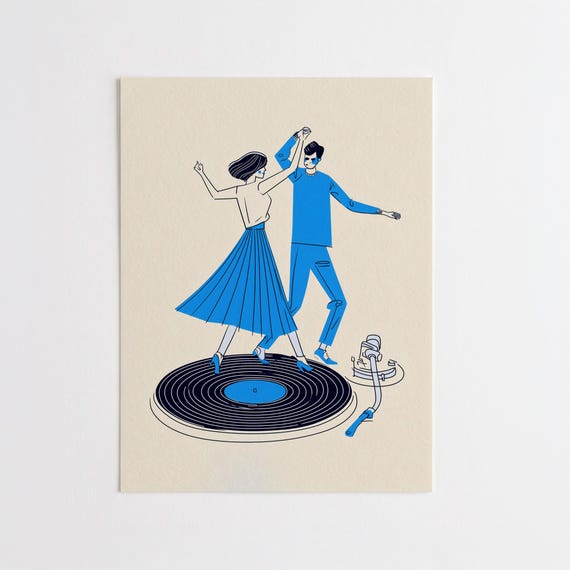 Retro Couple Dancing on Record Turntable Modern Dance Art in Blue Tones Living Room Decor | Abstract Wall Art for Home