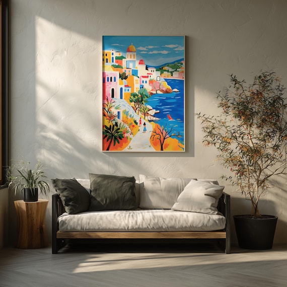 Greece Abstract Travel Landscape Blue Warm Living Room Wall Art | Vibrant Home Decor