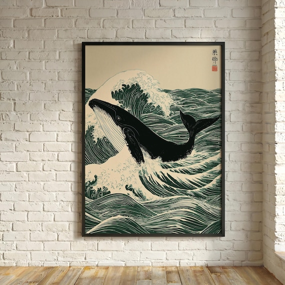 Japanese Whale Ocean Waves Lino Print | Traditional block Print Blue Green Living Room Wall Art