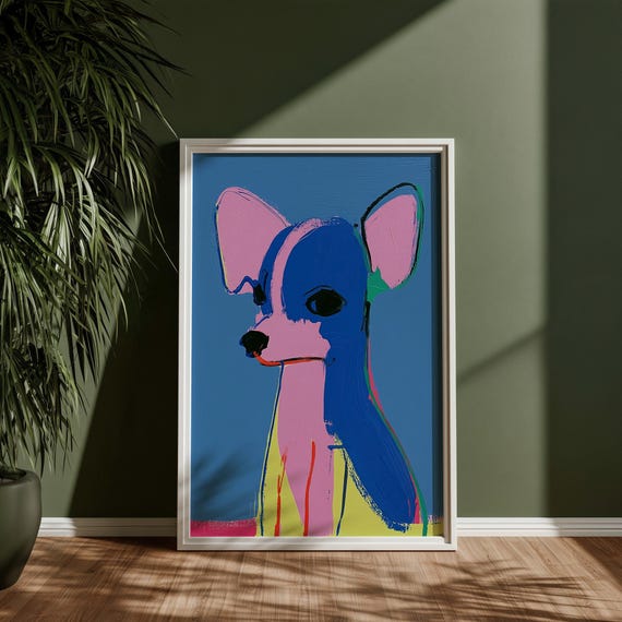 Chihuahua Dog Neon Abstract Art in Blue Tones | Colourful Dog Lovers Living Room Wall Art