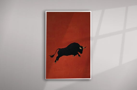 Bull Raging Abstract Red Black Modern Living Room Charging Bull | Vintage Bull Poster, Mid Century Spanish Artwork, Modern Red Decor