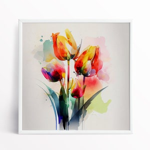 Tulip Flower acquerello dipinto acquerello astratto stampa incorniciata - fiori botanici colorati mazzo di tulipani su tela