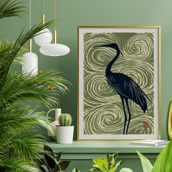 Japanese Green Crane Heron Block Print | Ukiyoe Inspired Minimalist Living Room Wall Art | Nature Decor