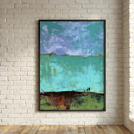 Couple and Dog Abstract Teal Blue Living Room Wall Art | Unique Dog Lovers Coastal Landscape Dog Memorial