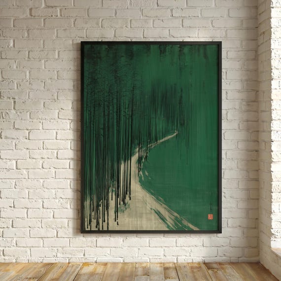 Japanese Bamboo Forest Minimalist Traditional Japanese Block Prink Green Art for Living Room | Serene Landscape Wall Decor