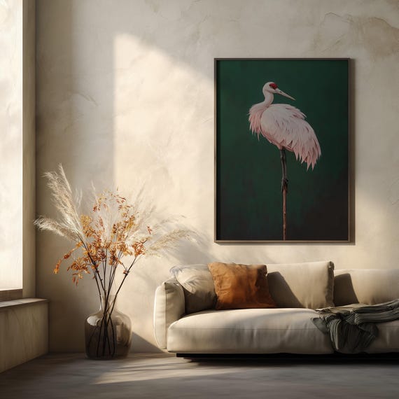 Pink Stalk Modern Bird Art with Green Tones for Bedroom Decor | Abstract Wall Art