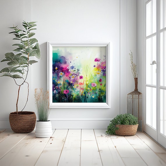 Wild Flower Meadow Painting Abstract Wildflower Floral Framed Painting of Daisies and Pink Wild Flowers - Colourful Wall Art
