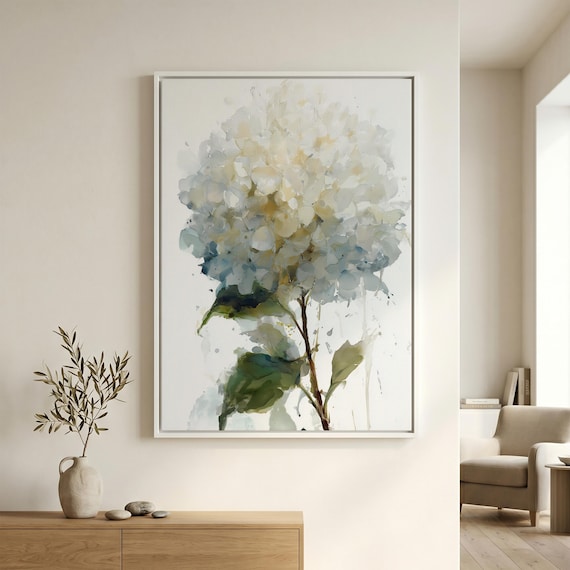 Hydrangea White Watercolour Minimalist Wall Art | Soft Tones Living Room Decor