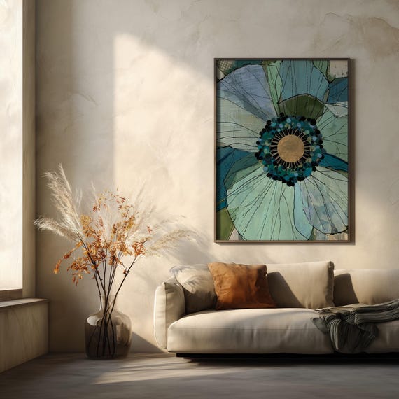Blue Flower Abstract Modern Living Room Wall Art | Stunning Floral Home Decor