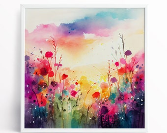 Abstract Wildflower Meadow Painting, Colourful Botanical Art Prints, Wild flower Art, Colourful Wall Art