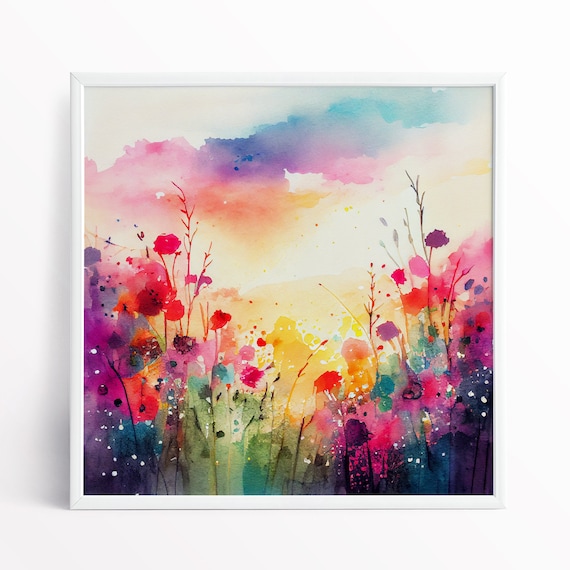 Abstract Poppy Field Wildflower Meadow Painting Colourful Botanical Art Prints - Wild flower Art Colourful Framed Wall Art