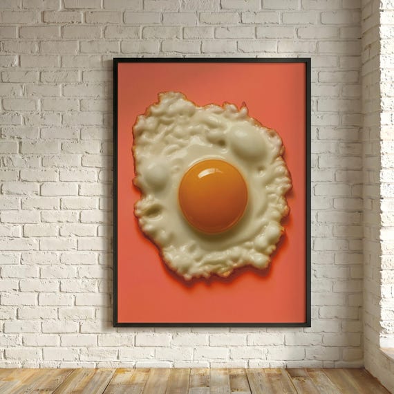 Fried Egg Pop Art Pink Kitchen Decor | Kitsch Vibrant Foodie Quirky Wall Art for Home