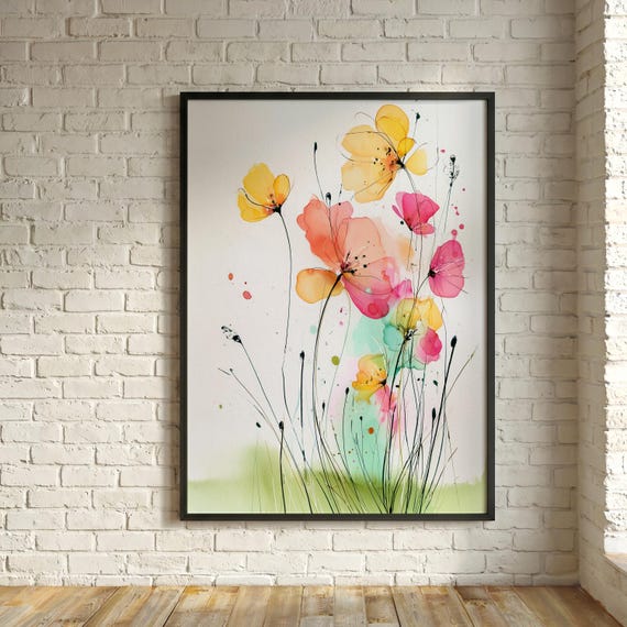 Minimalist Watercolour Wildflowers Print, Delicate Coral Stems, Abstract Watercolour Wildflower Art, Floral Meadow Painting