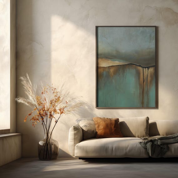Abstract Landscape Sea with Blue Gold Accents for Living Room Wall Art | Modern Home Decor
