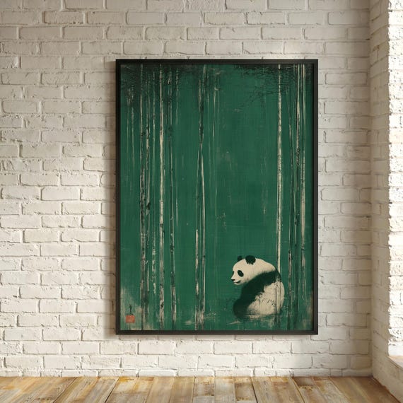Japanese Block Print Chinese Panda Art in Green Minimalist Living Room China Wall Art | Calming Japandi Decor