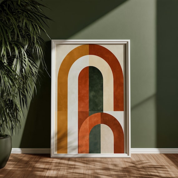 Rainbow Arches Print, Mid Century Abstract Wall Art, Earth Tone Boho Poster, Retro Geometric Shapes, Nursery or Living Room Decor