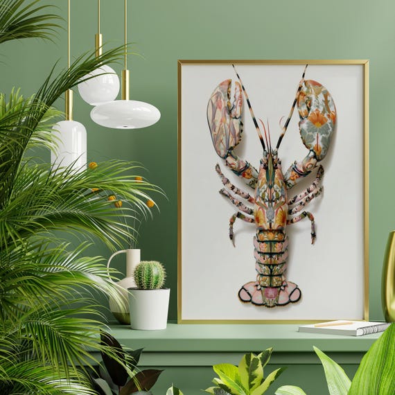 William Morris Inspired Lobster Floral Pink Quirky Kitchen Wall Art Modern Home Decor Country Farmhouse Kitchen