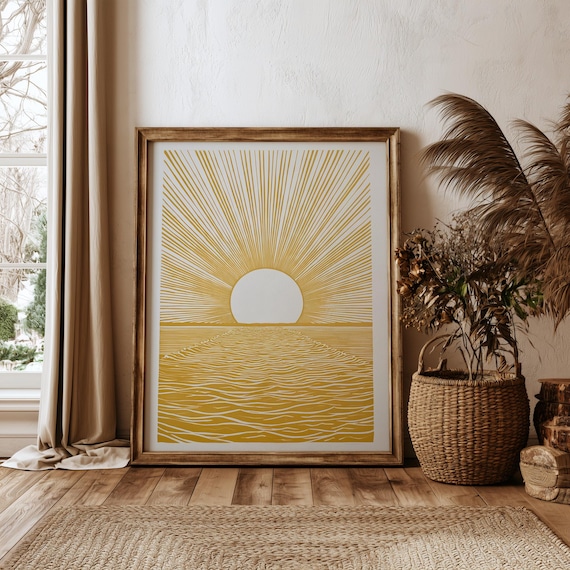 Sunset Scene Minimalist Gold Hue Living Room Wall Art | Japandi Abstract Ocean View Yoga Zen Decor