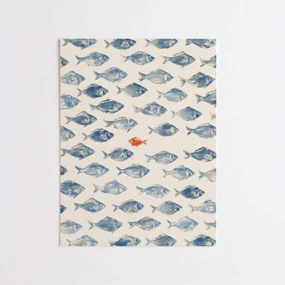 Fish School  Abstract Painting print of a Blue & Gold Fish Illustration Living Room Wall Art | Ocean Print Decor