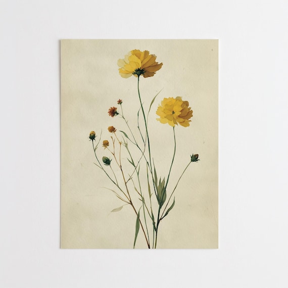 Yellow Flowers Watercolour Minimalist Living Room Wall Art | Bright Floral Home Decor