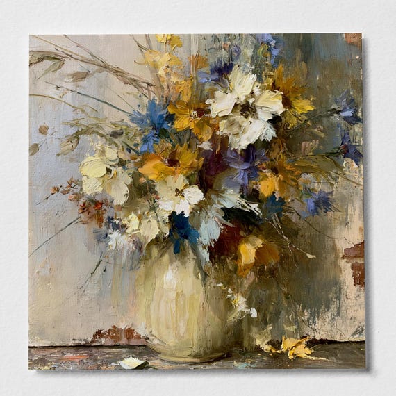 Wildflowers Impressionist Art Print | Blue Yellow Floral Bouquet Living Room Wall Decor